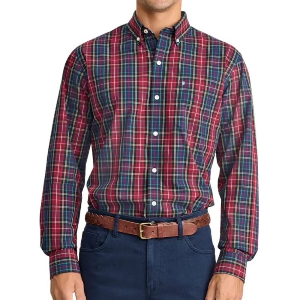IZOD HOLIDAY TARTAN PLAID WOVEN LONG SLEEVE BUTTON DOWN SHIRT XL RED GREEN BLACK